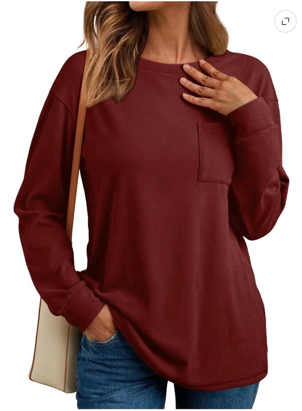 Sunbs Women’s Red Crew Neck Long Sleeve Pullover Top Size S Solid Pocket